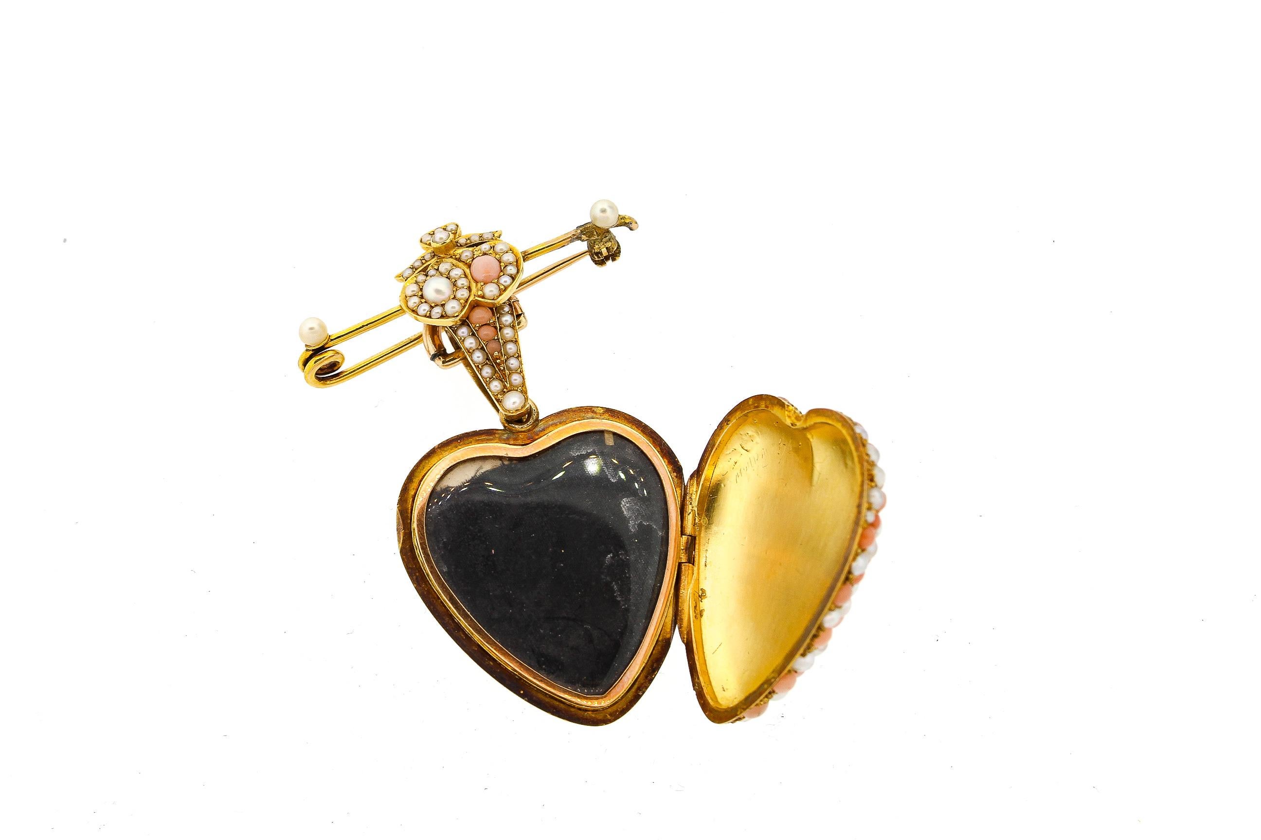 Antique Victorian 18 Karat Gold Coral Pearl Heart Locket Pendant Pin 3