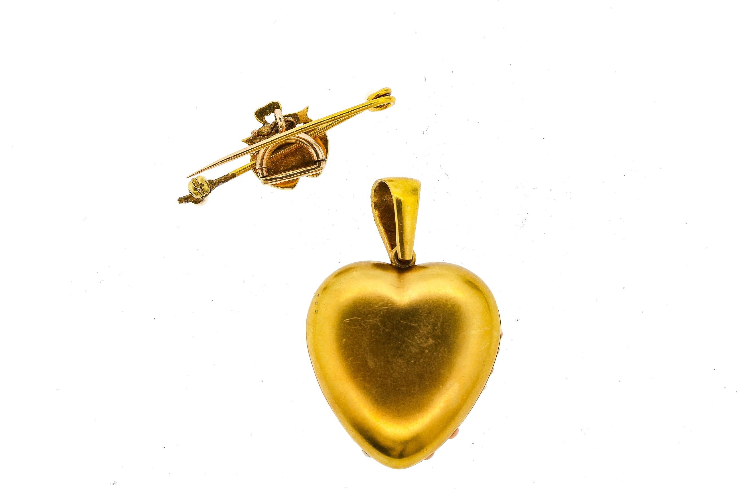 Antique Victorian 18 Karat Gold Coral Pearl Heart Locket Pendant Pin 6