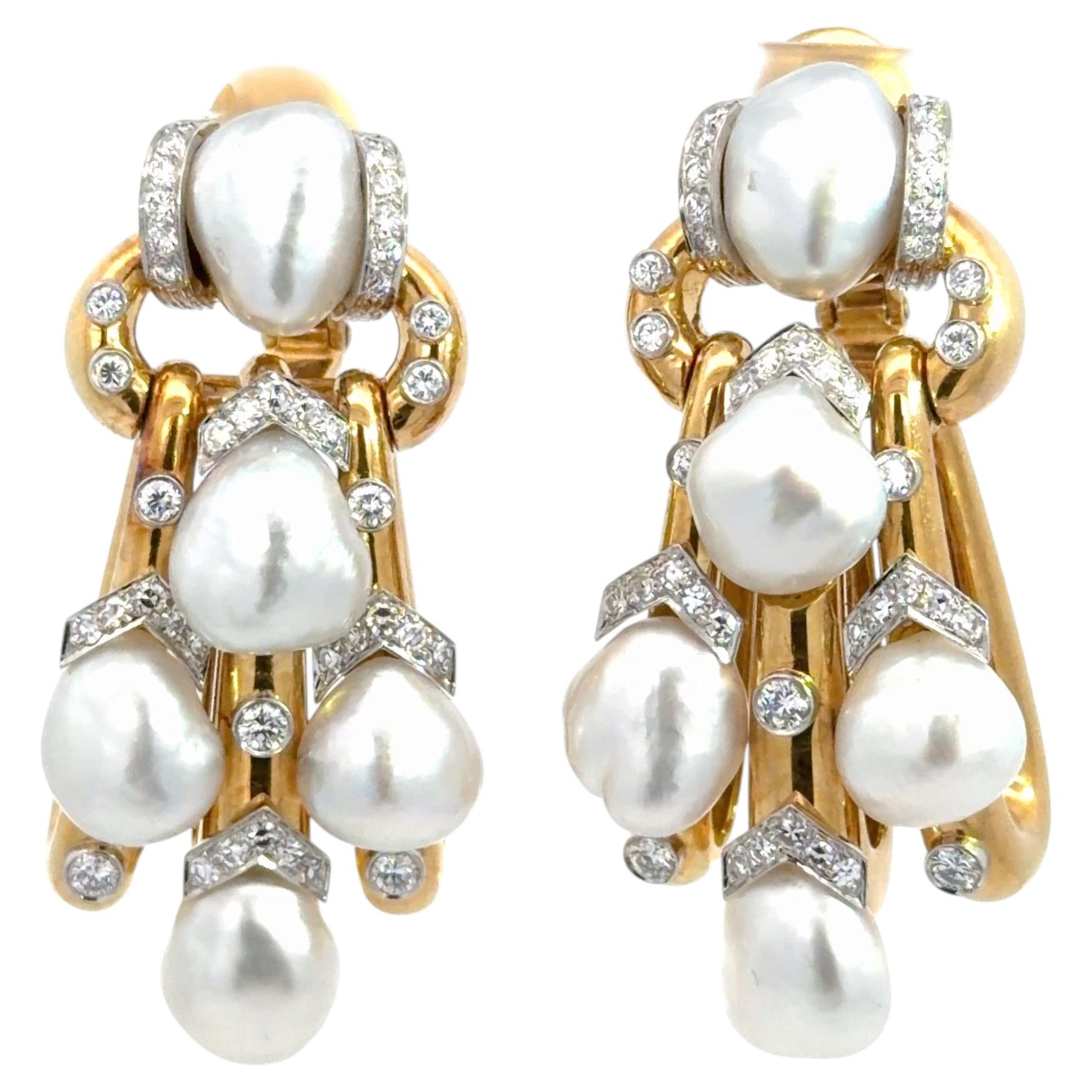 Pre-owned David Webb Vintage Pair Of  Baroque Pearl Diamond Pendant Earrings In Multiple