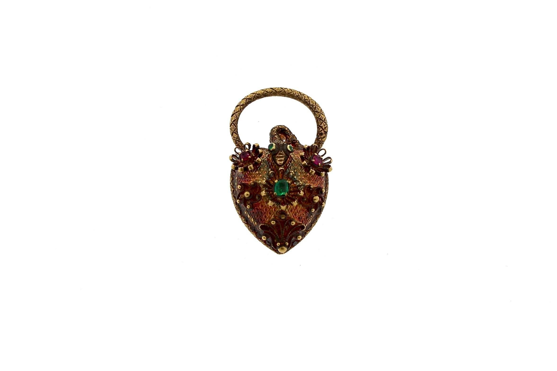 Women's Early Antique Victorian Emerald Ruby Gold Heart Padlock Locket