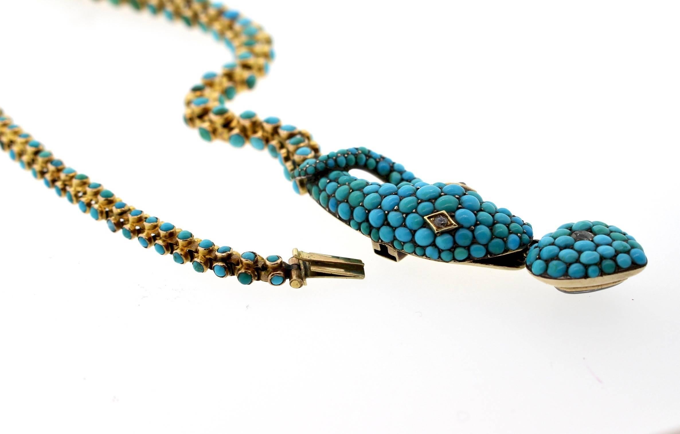 Cabochon Antique Victorian Turquoise and Diamond Snake Necklace 
