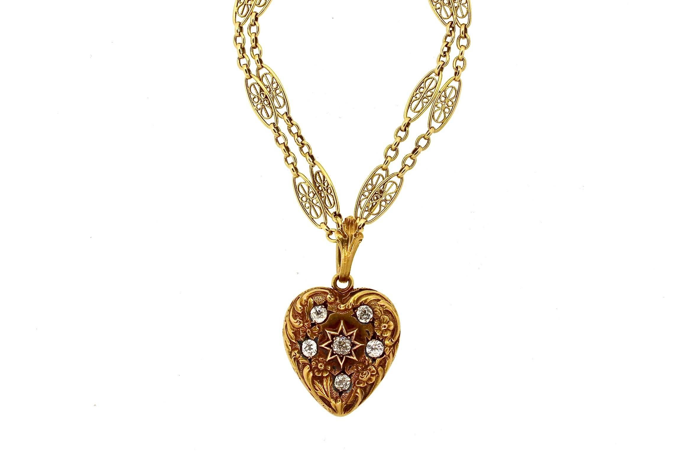 Art Nouveau Gold Diamond Engraved Heart Locket Pendant In Good Condition In New York, NY