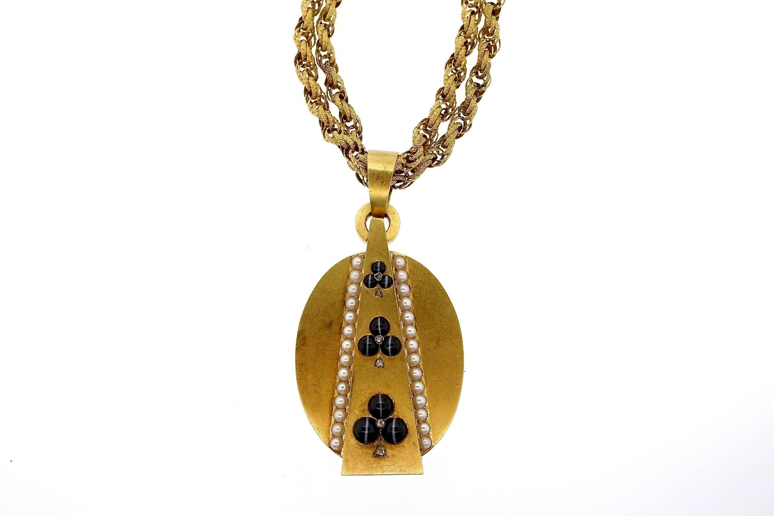 Women's Antique Victorian Gold Agate Pearl Diamond Locket Pendant