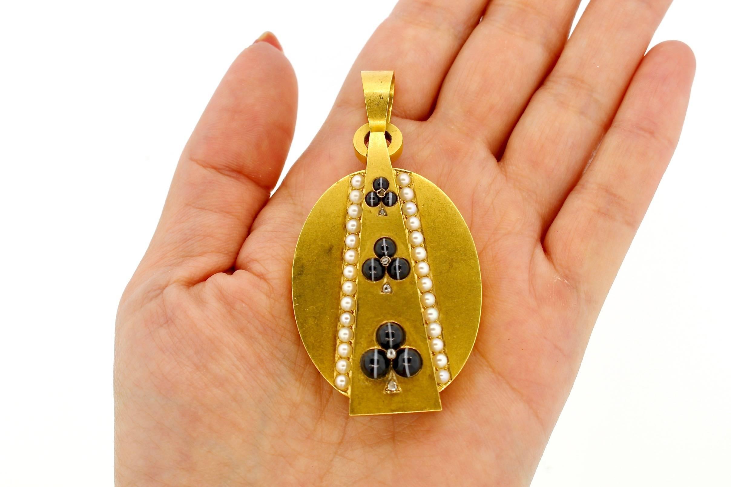 Antique Victorian Gold Agate Pearl Diamond Locket Pendant 1