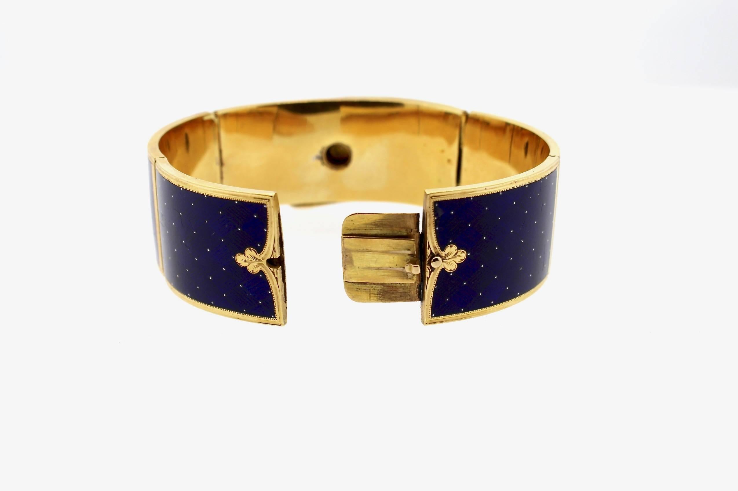 This brilliant blue guilloché enamel bracelet is a work of art. Guilloché comes from the French verb meaning 