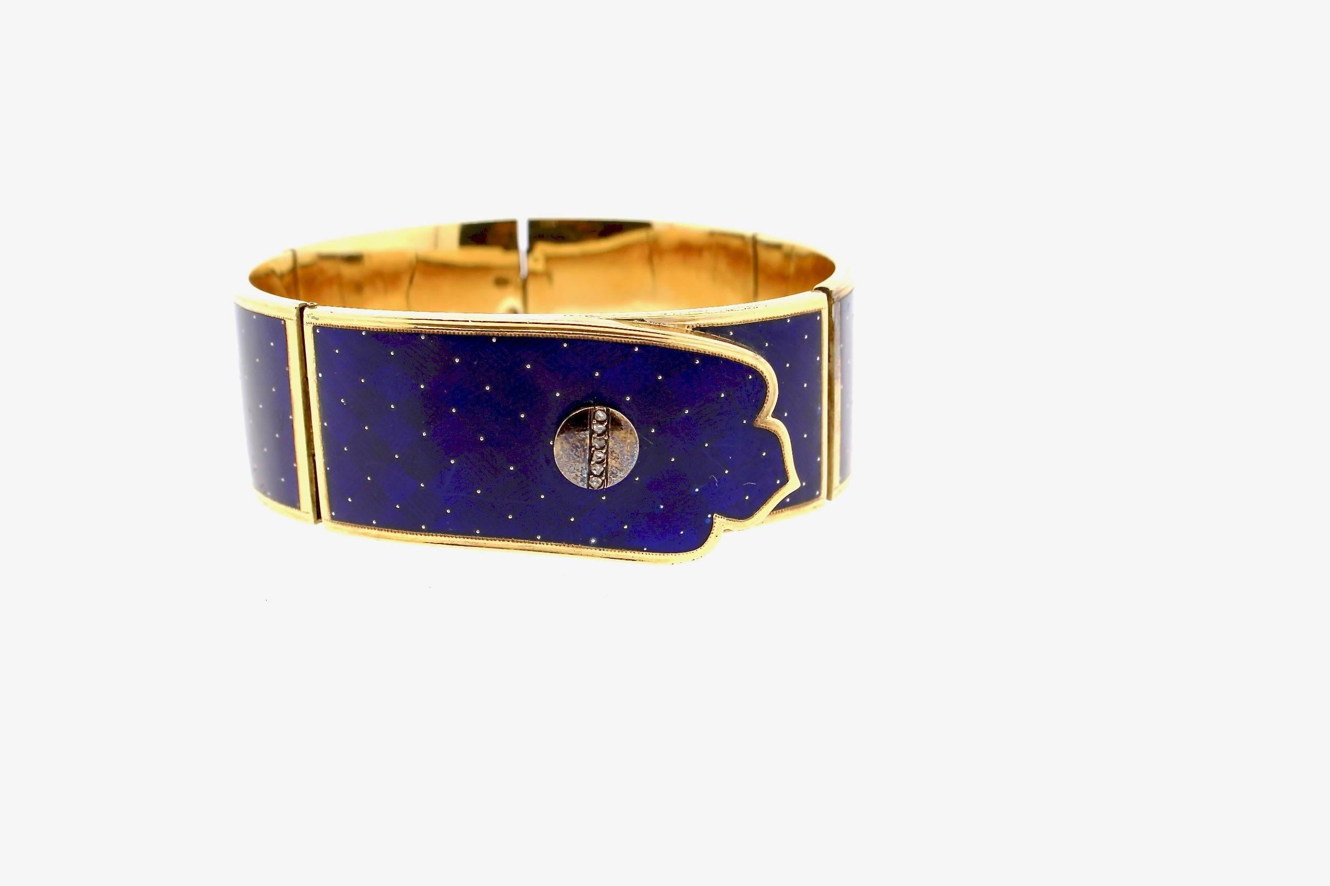 Late Victorian Antique Victorian Blue Guilloché Enamel Gold and Diamond Cuff Bracelet
