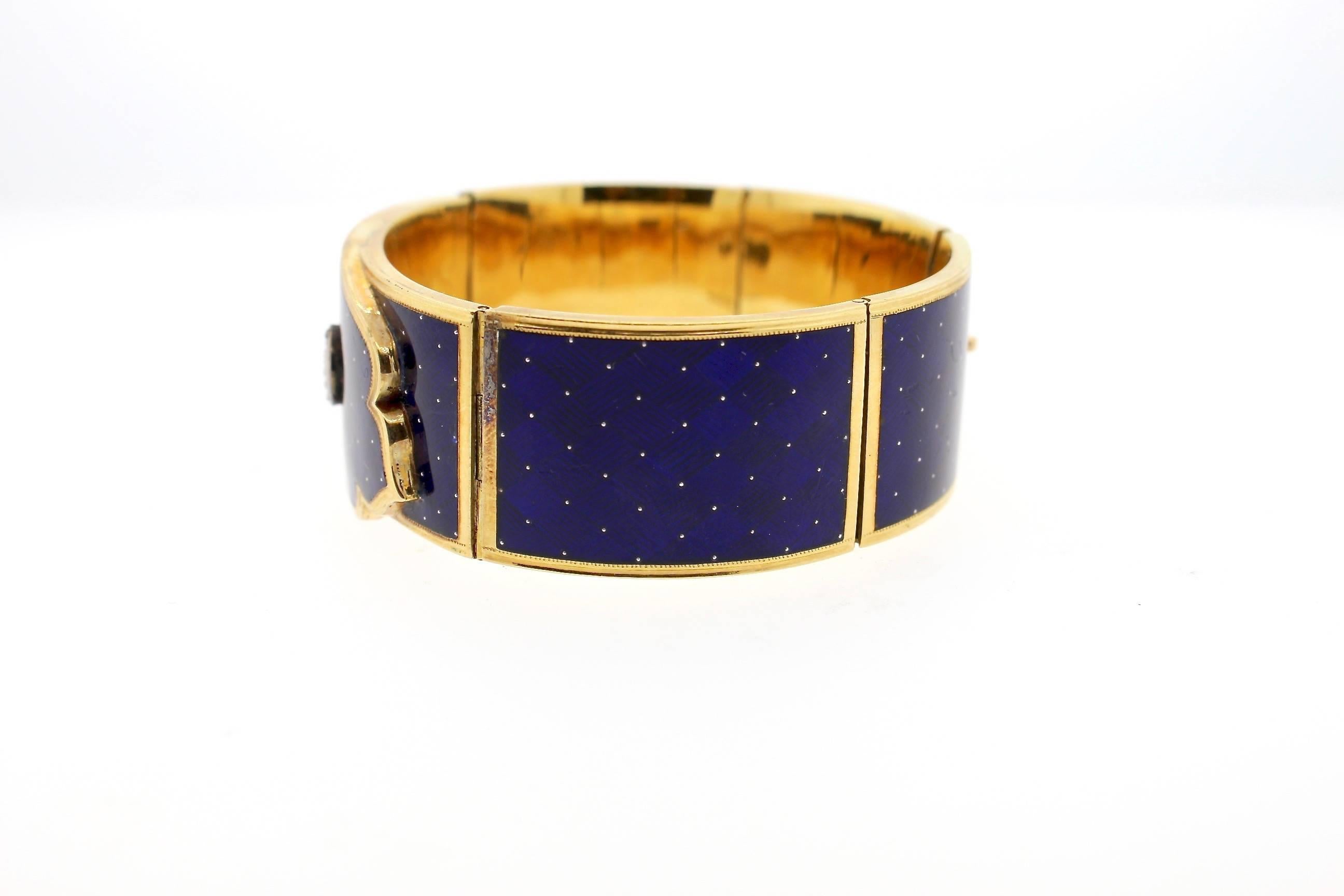 Antique Victorian Blue Guilloché Enamel Gold and Diamond Cuff Bracelet In Good Condition In New York, NY