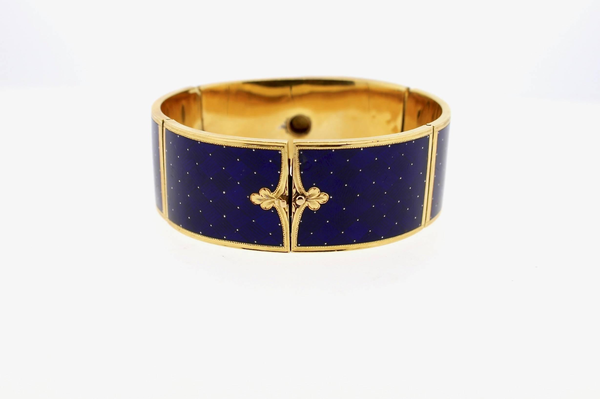 Women's Antique Victorian Blue Guilloché Enamel Gold and Diamond Cuff Bracelet