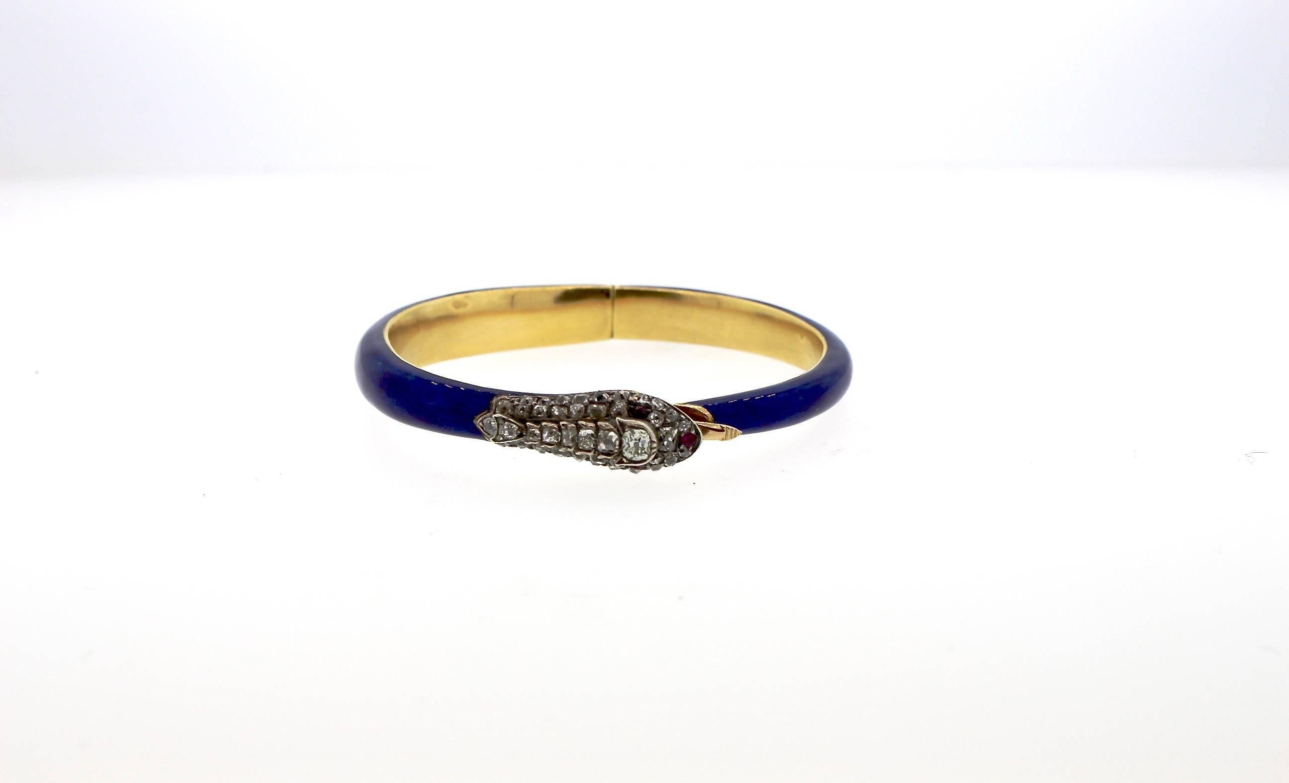 Antique Victorian Blue Enamel Old Mine Diamond Ruby Snake Bangle In Good Condition In New York, NY