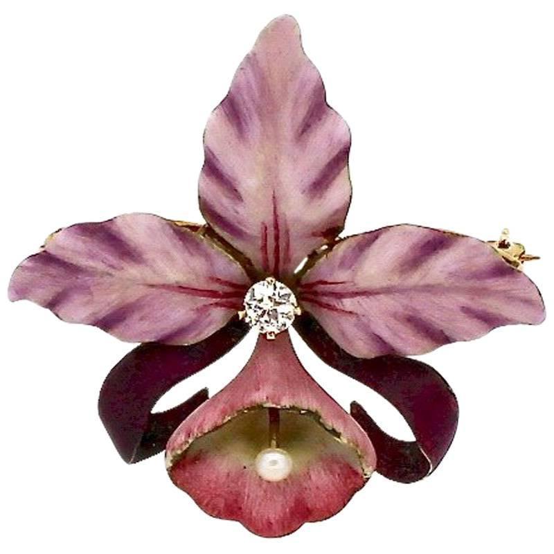 Rare Antique Art Nouveau Enamel Diamond Orchid Brooch by Hedges