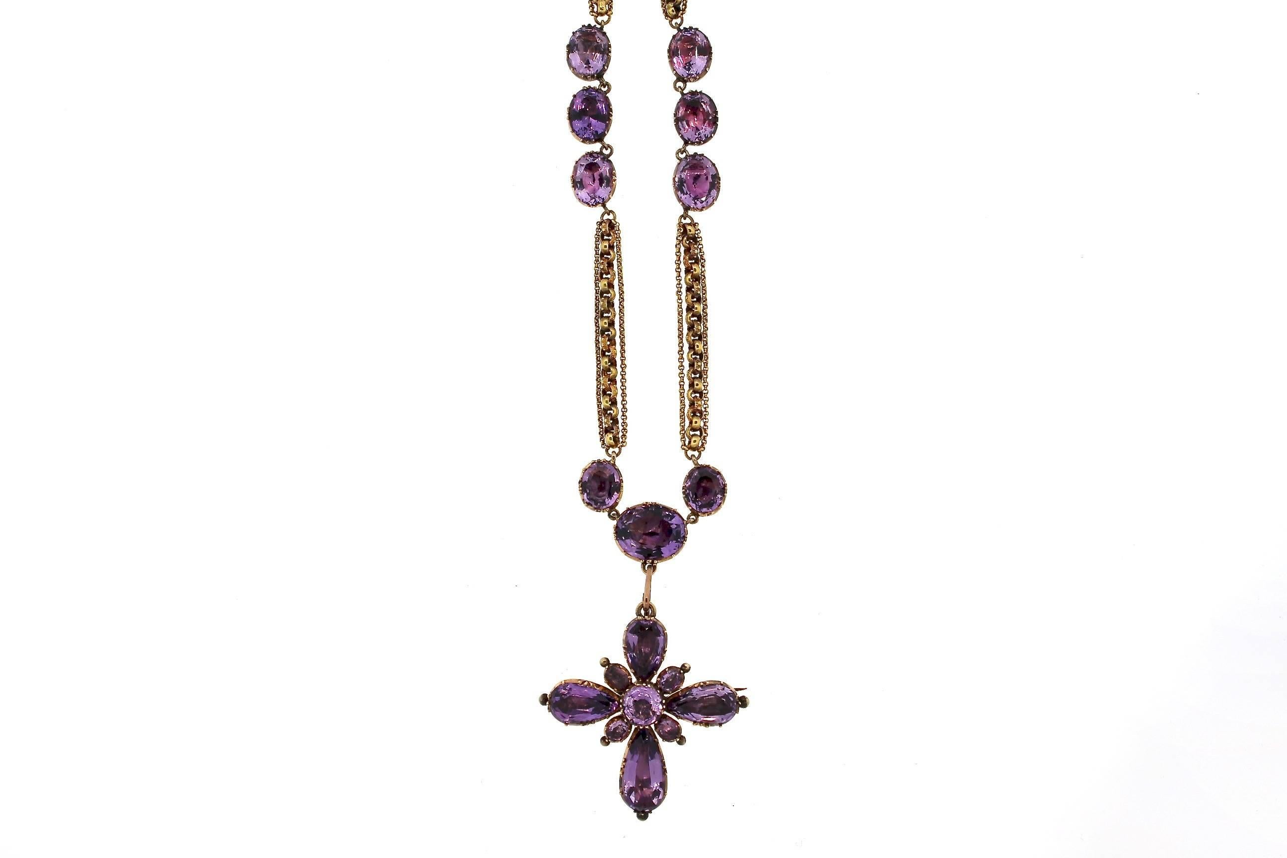 Early Victorian Amethyst Maltese Cross Gold Necklace In Good Condition For Sale In New York, NY