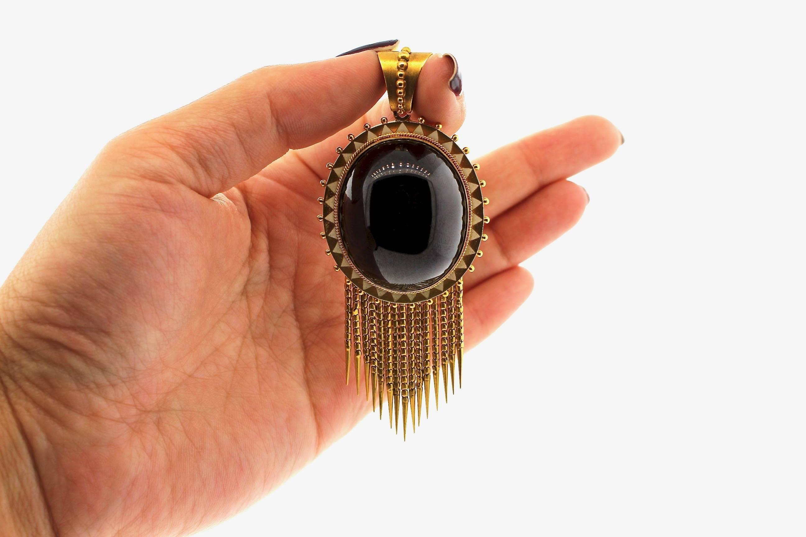 Antique Victorian Cabochon Garnet Enamel Gold Foxtail Fringe Pendant 1