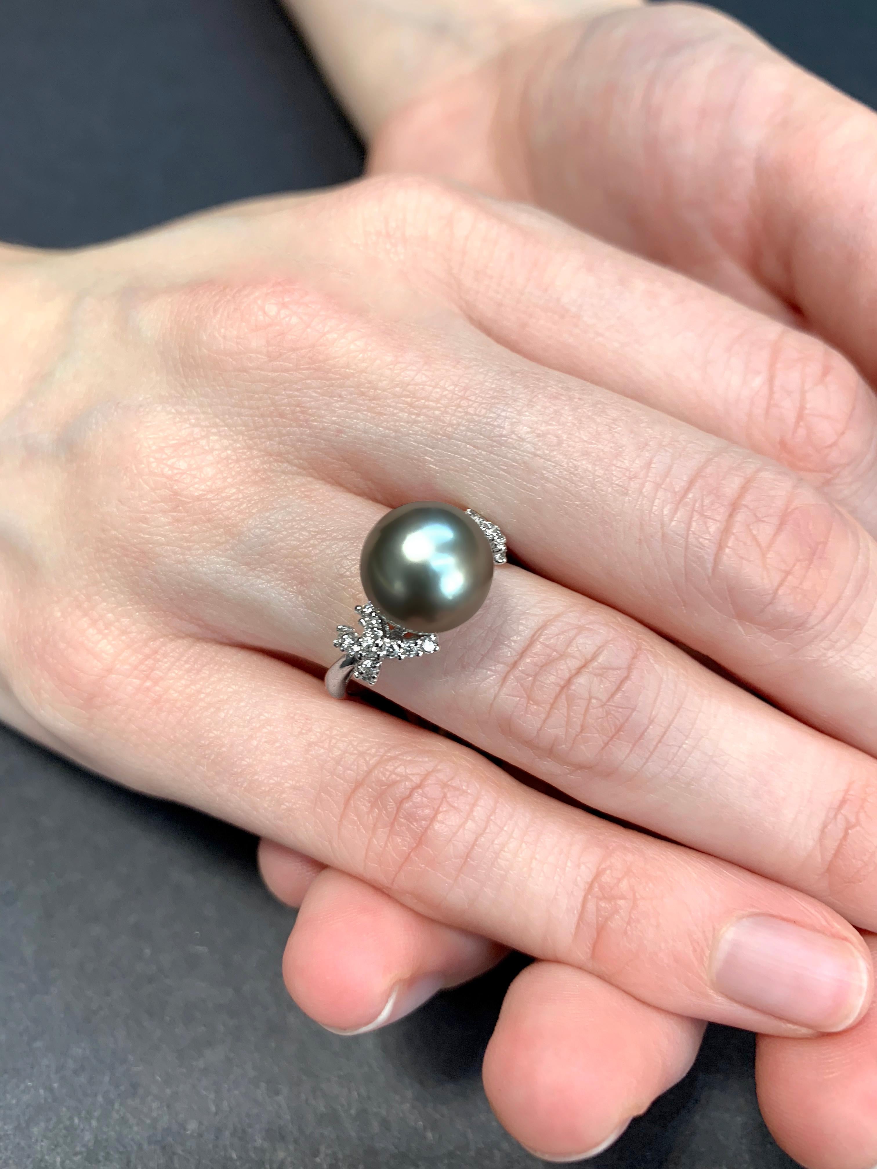 Modern Yoko London Tahitian Pearl and Diamond Ring in 18 Karat White Gold