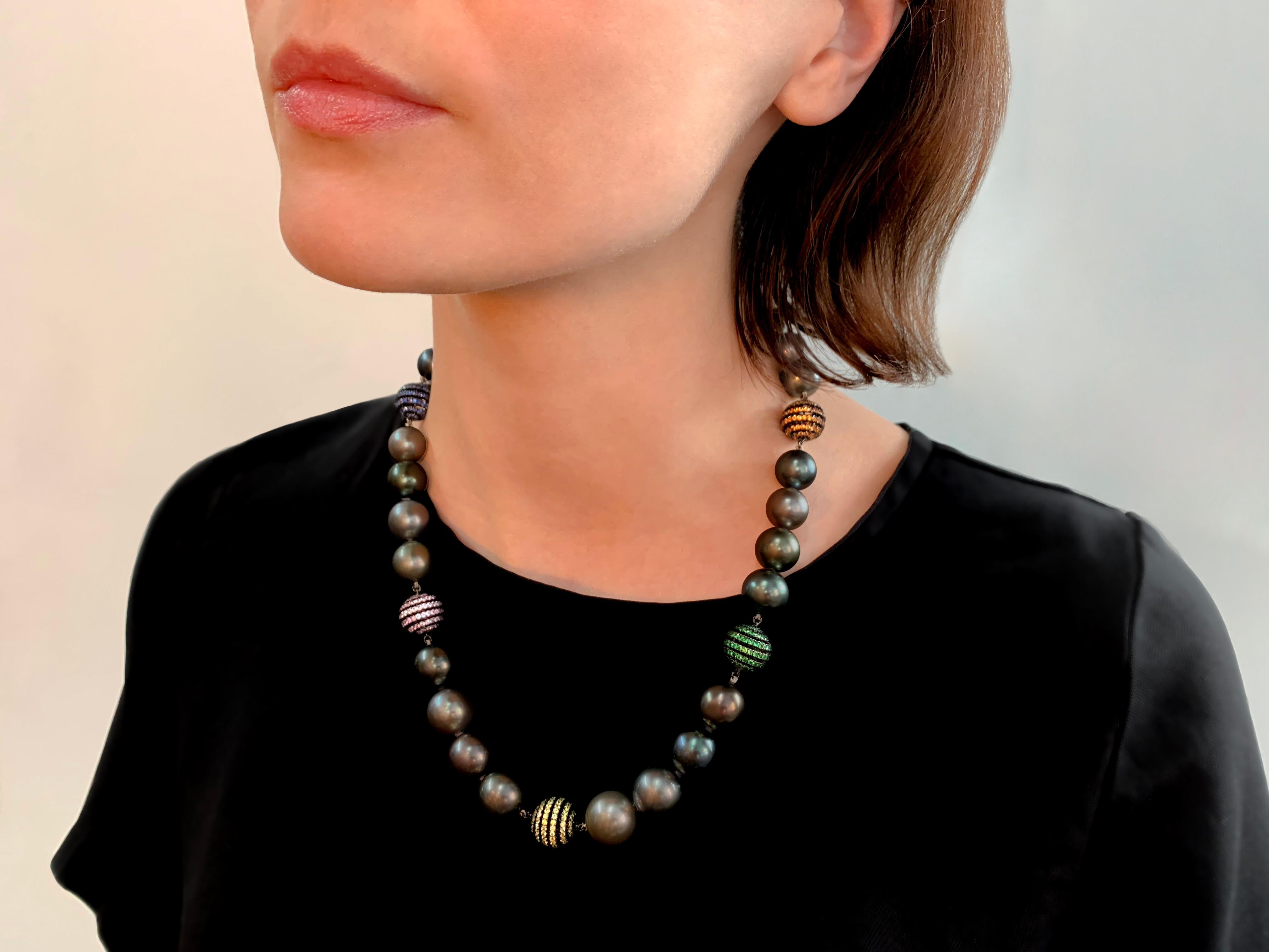 Modern Yoko London Tahitian Pearl, Diamond and Sapphire Necklace Set in 18 Karat Gold