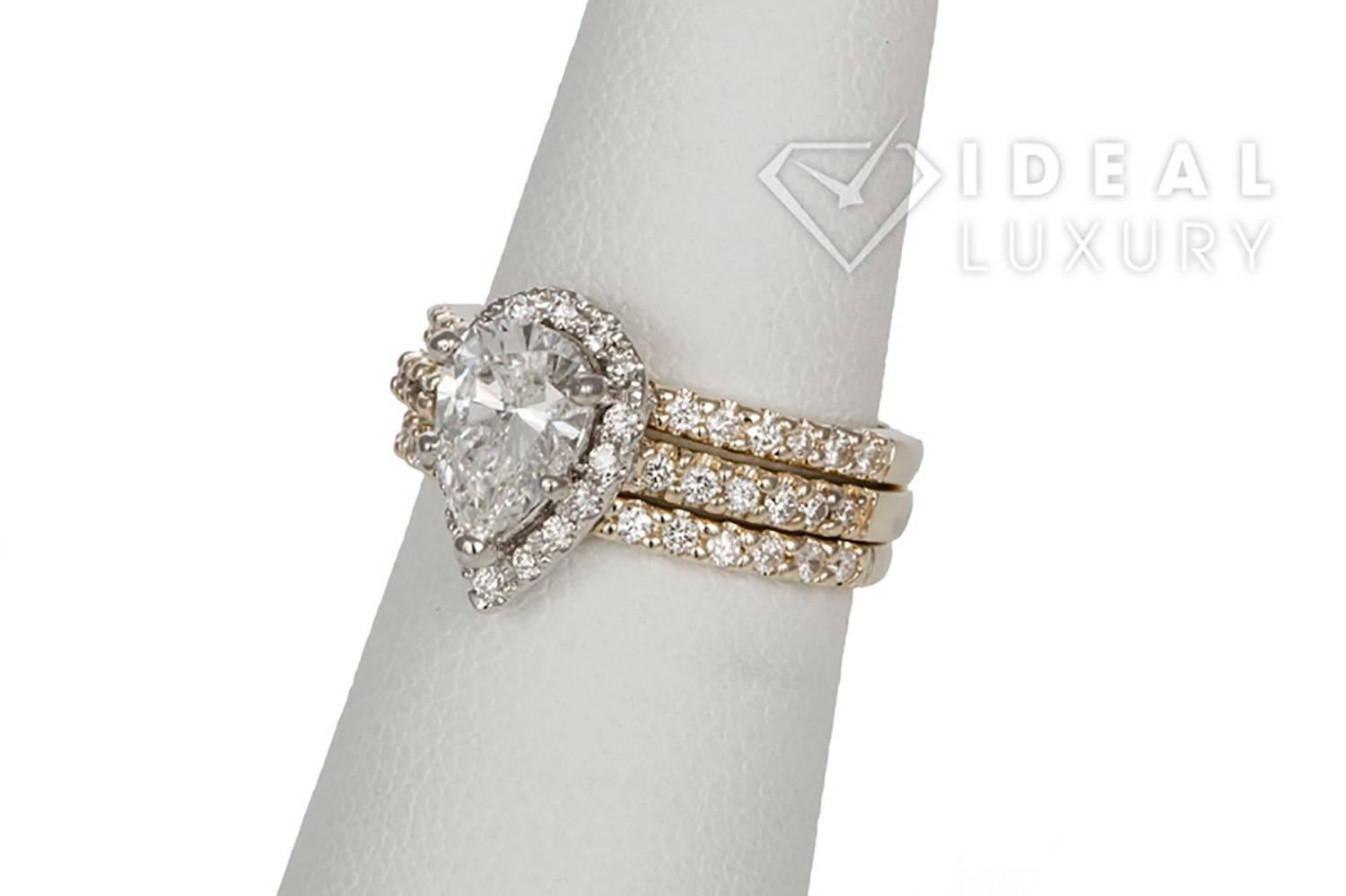 Modern Diamond Halo Engagement Ring and Wedding Band Set 14 Karat Two-Tone Gold