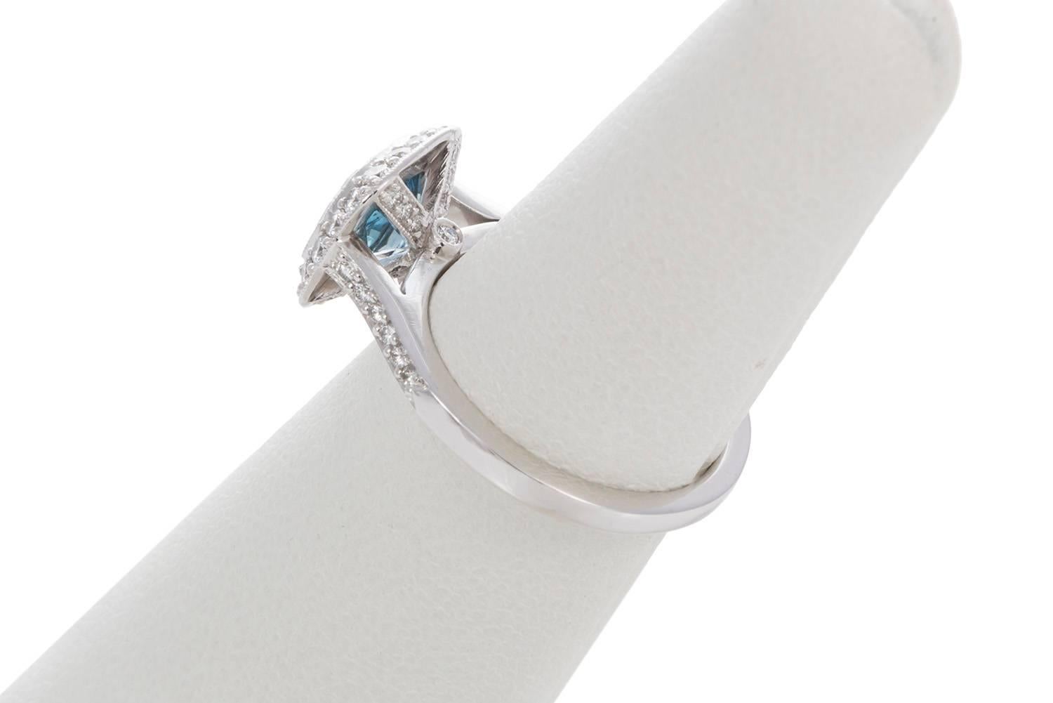 Modern Tiffany & Co. Legacy Platinum Cushion Cut Aquamarine and Diamond Ring 1.12 Carat