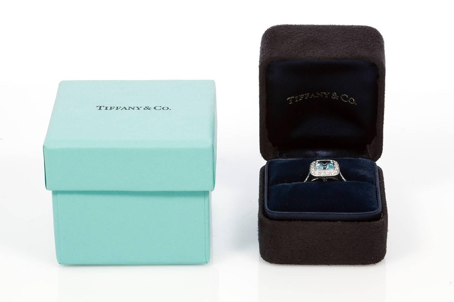Tiffany & Co. Legacy Platinum Cushion Cut Aquamarine and Diamond Ring 1.12 Carat 1