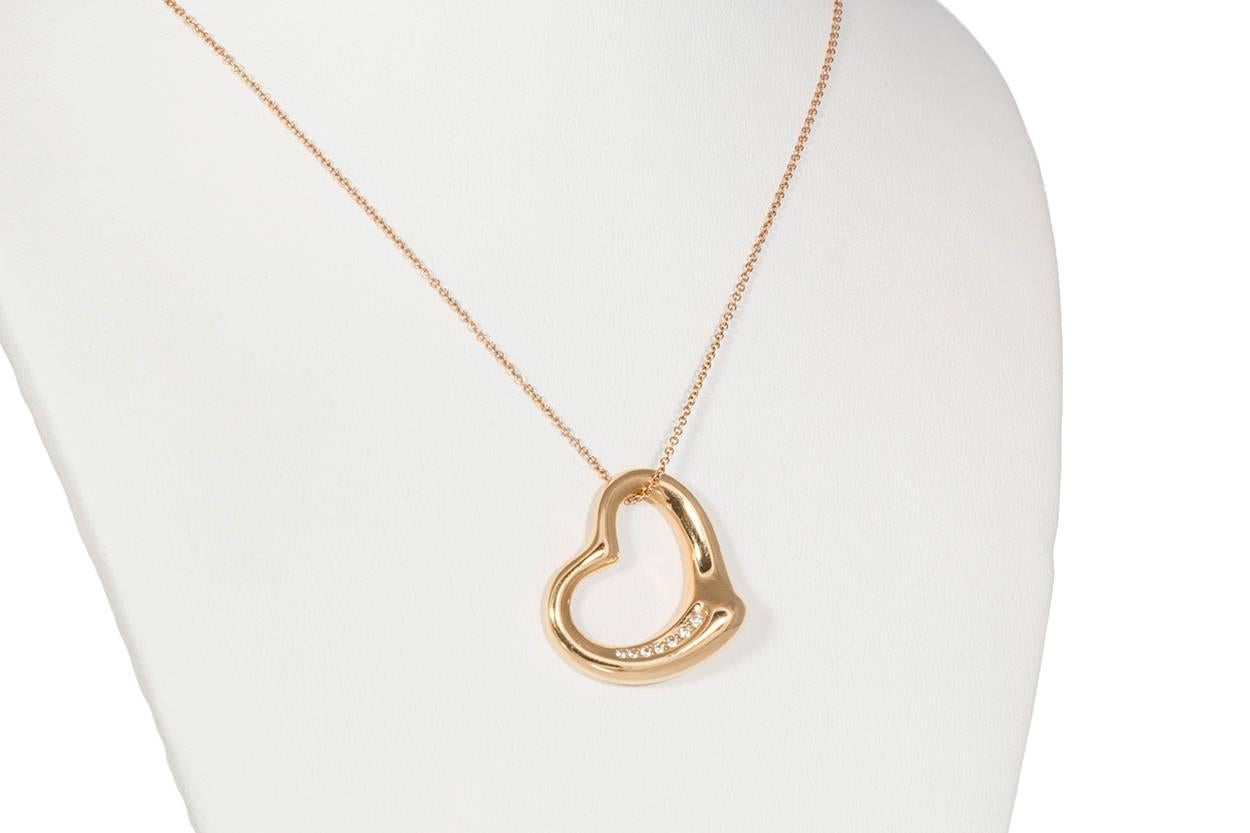 Modern Tiffany & Co. Elsa Peretti 18k Rose Gold and Diamond Open Heart Pendant Necklace