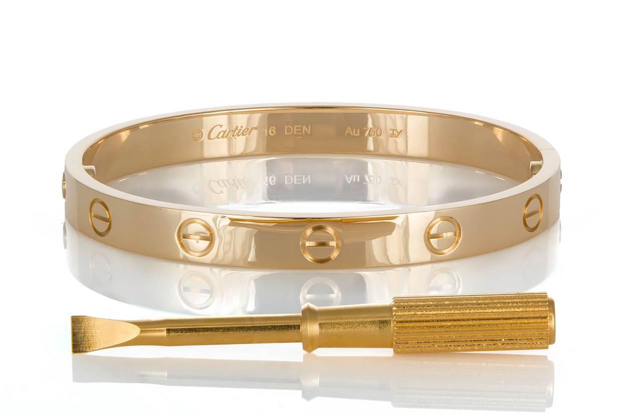 Modern New Style Cartier Love Bangle Bracelet 18 Karat Yellow Gold Box and Papers