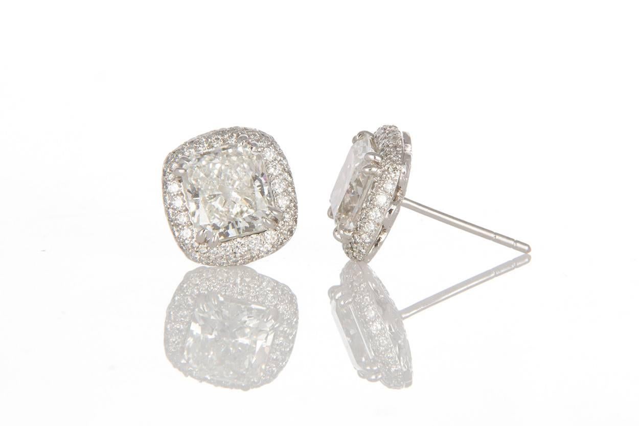 Michael Beaudry Platinum and Radiant Diamond Cushion Halo Stud Earrings In Excellent Condition In Tustin, CA