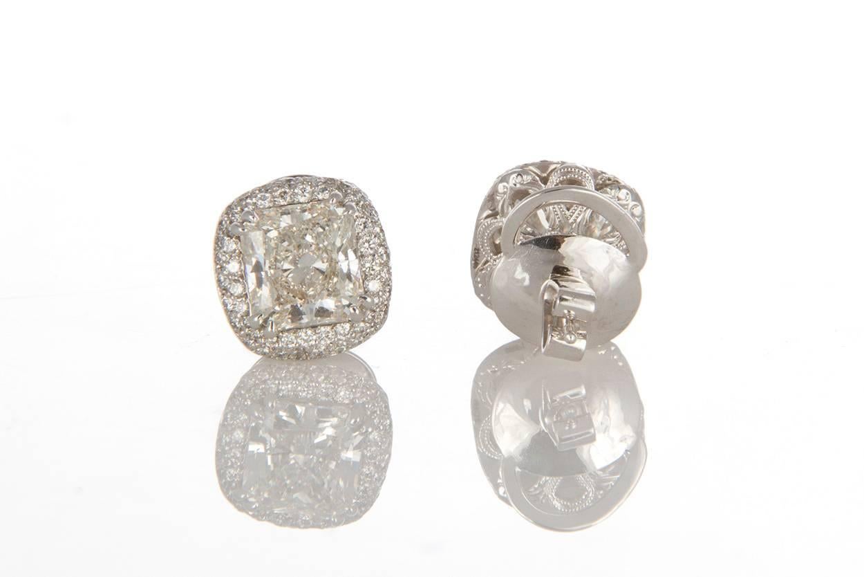 Michael Beaudry Platinum and Radiant Diamond Cushion Halo Stud Earrings 2
