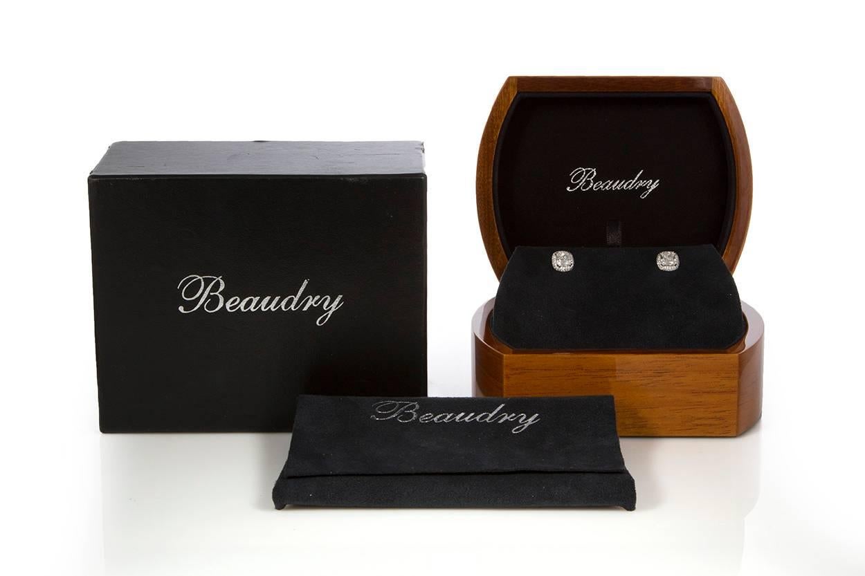 Michael Beaudry Platinum and Radiant Diamond Cushion Halo Stud Earrings 4