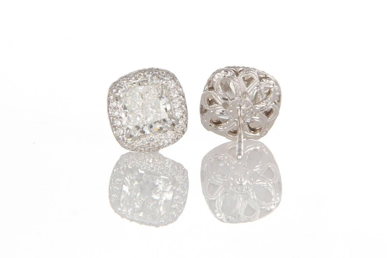 Women's Michael Beaudry Platinum and Radiant Diamond Cushion Halo Stud Earrings
