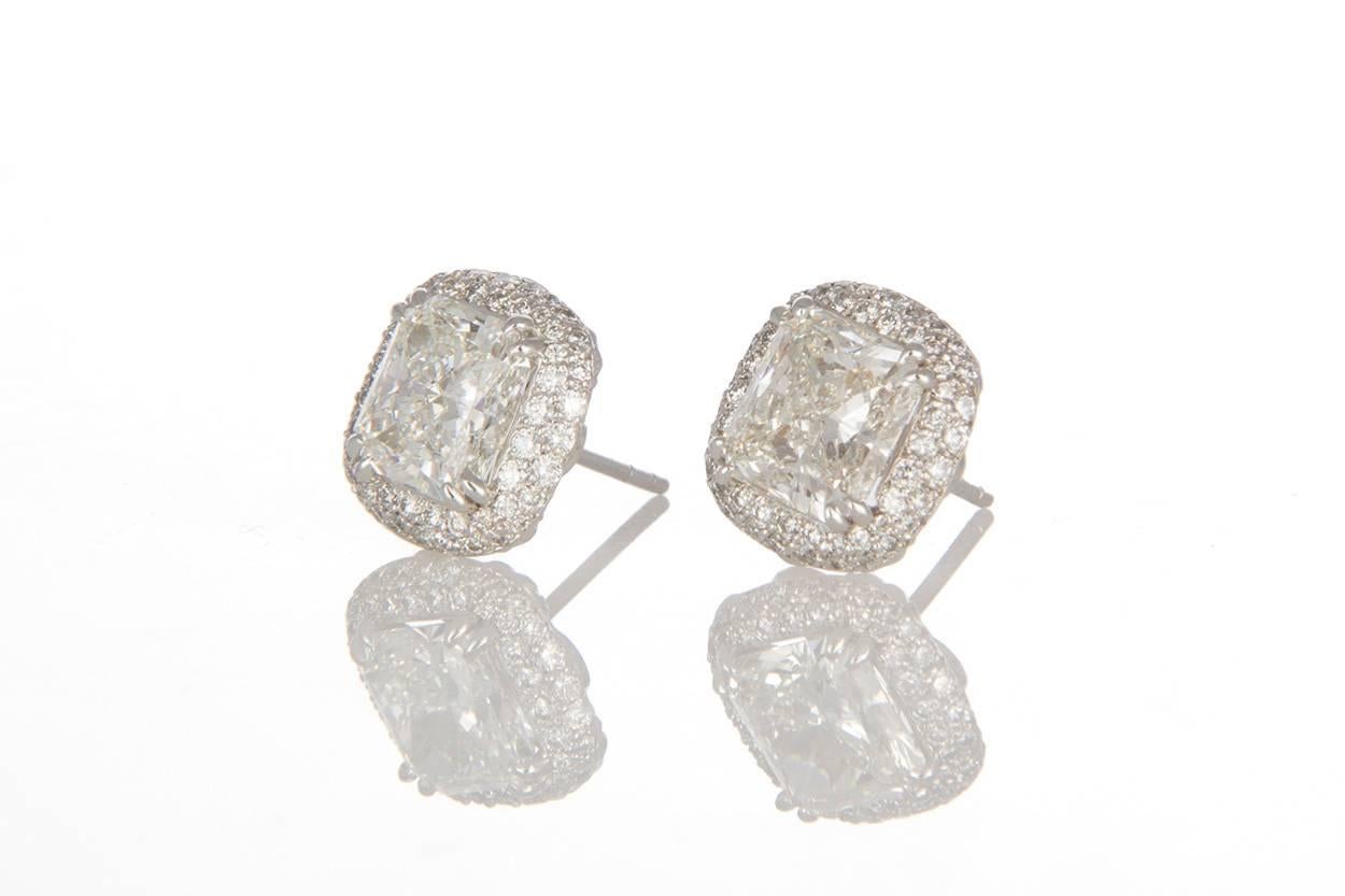Modern Michael Beaudry Platinum and Radiant Diamond Cushion Halo Stud Earrings