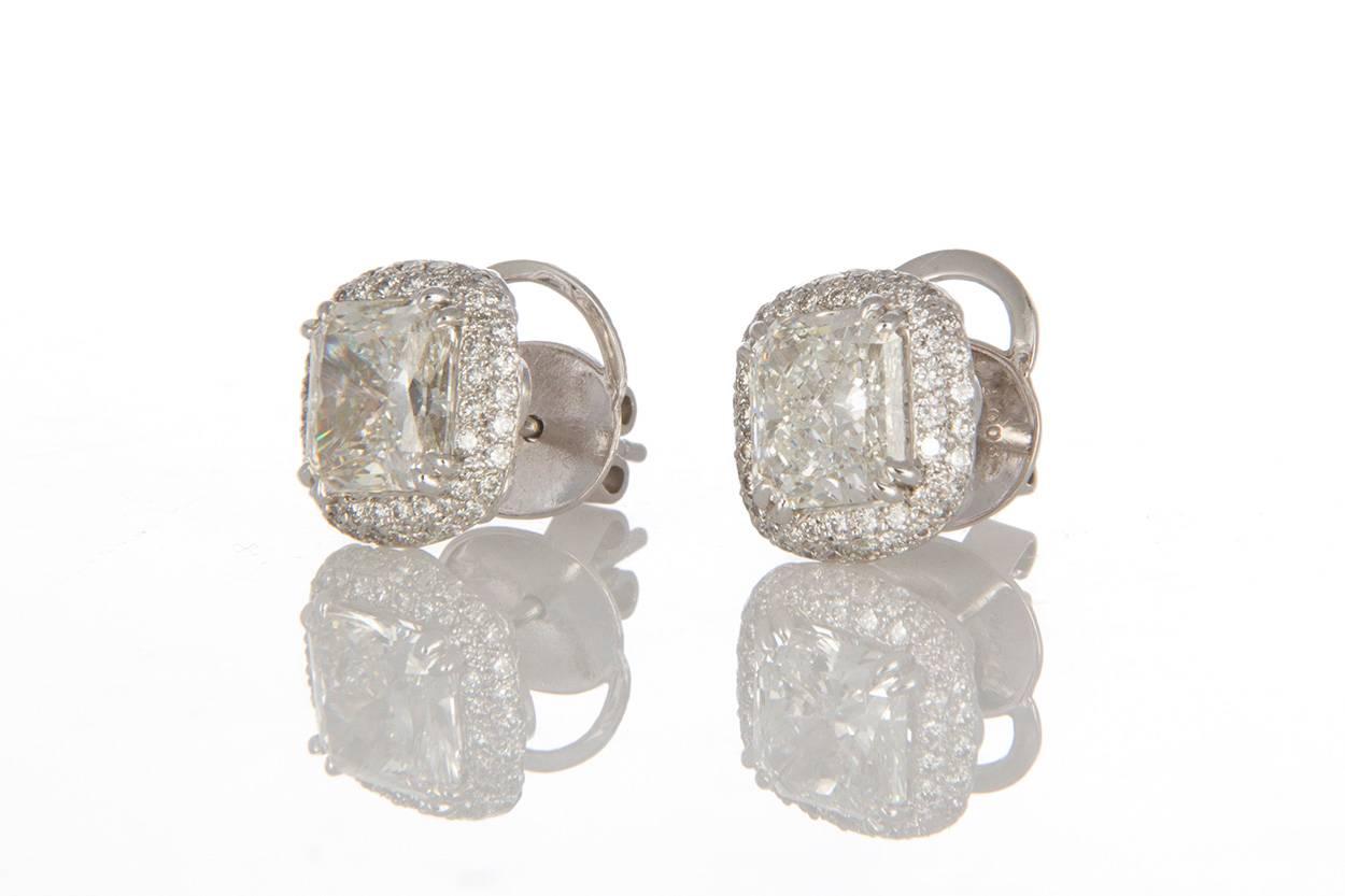 Michael Beaudry Platinum and Radiant Diamond Cushion Halo Stud Earrings 1