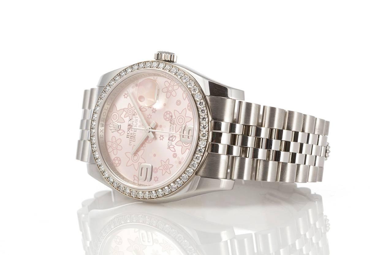 Modern Rolex Stainless Steel Datejust Diamond Bezel Pink Flower Dial wristwatch 