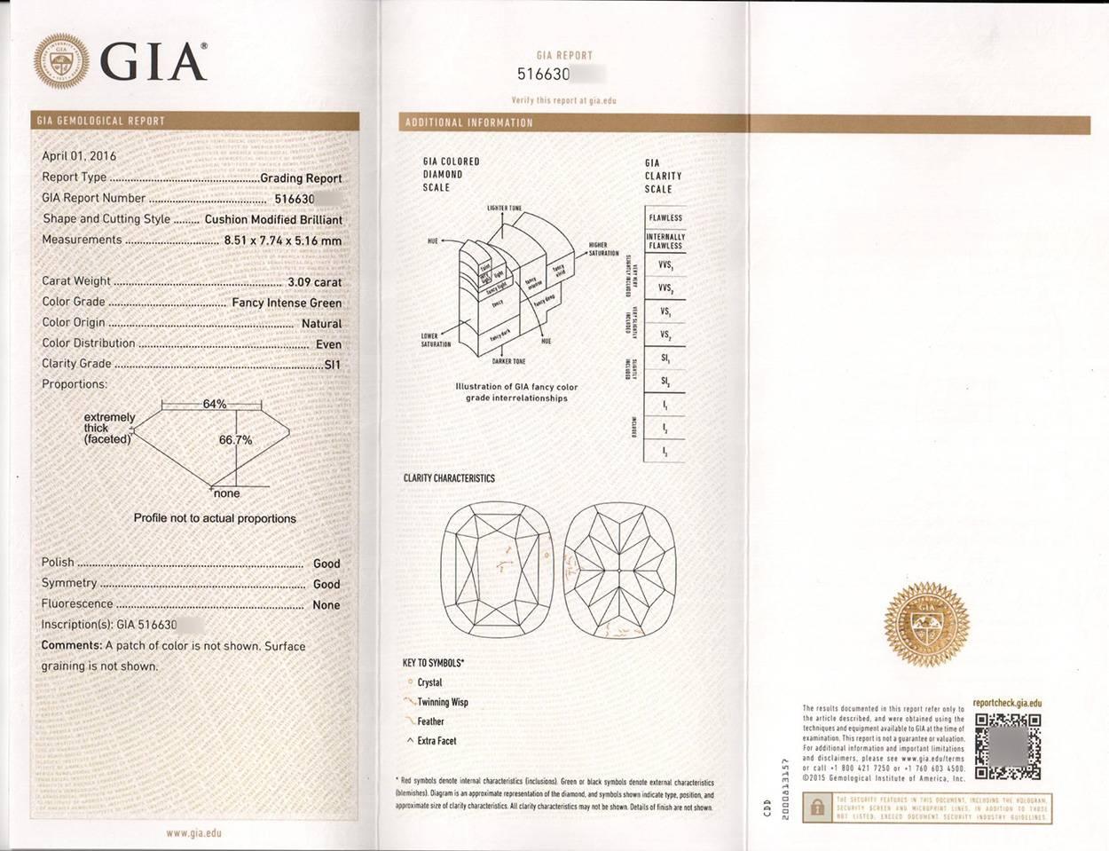 Nous sommes très heureux de vous présenter ce grand et rare diamant certifié GIA de couleur naturelle vert intense 3,09ct SI1 taille coussin. Ce magnifique diamant mesure 3,09 ct et a été certifié par le GIA comme étant de couleur naturelle SI1 vert