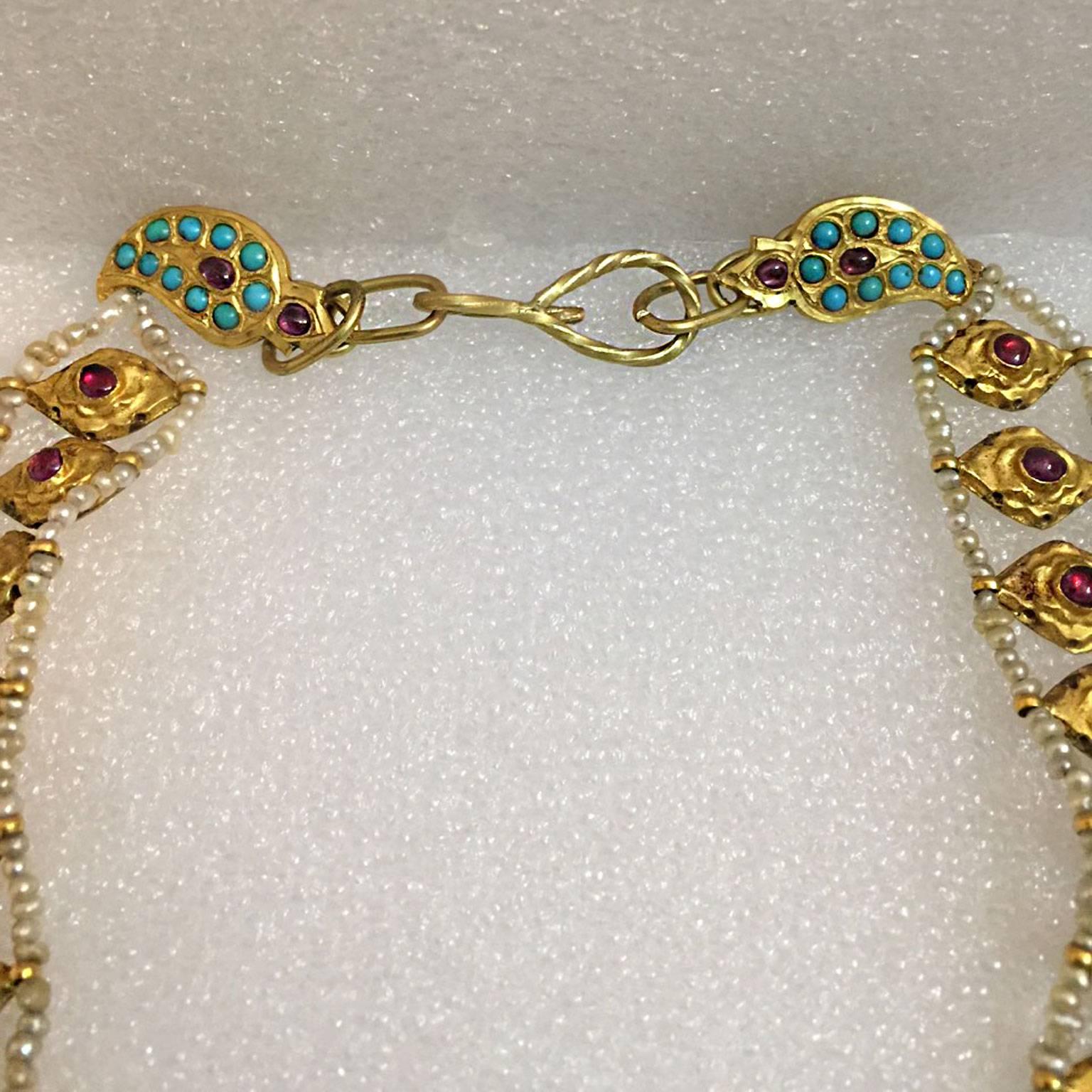 22 Karat Gold Rajasthan Mughal Necklace with Ruby, Turquoise and Pearl For Sale 1