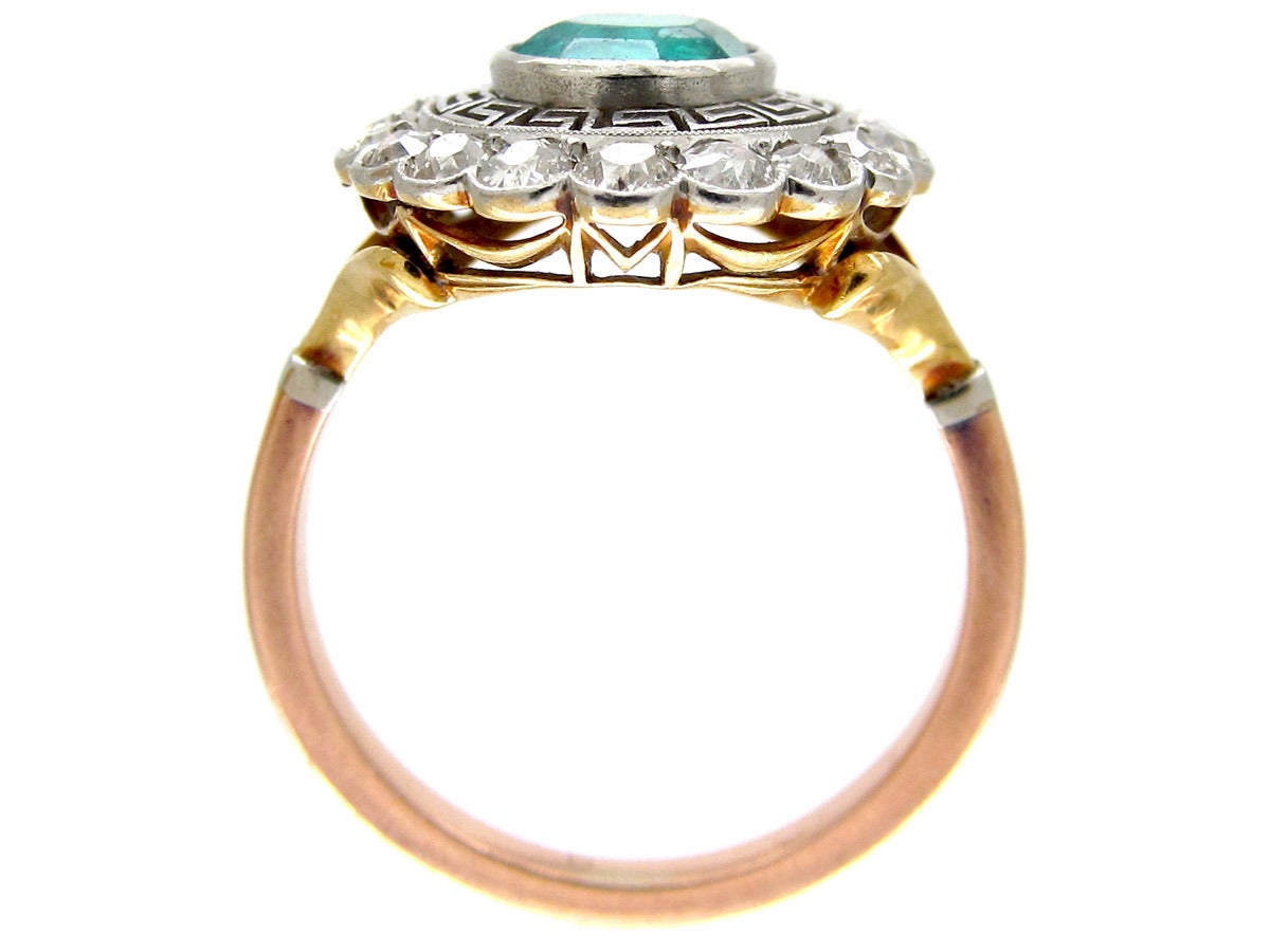 Art Deco Emerald Diamond Target Ring with Key Design Detail For Sale 1
