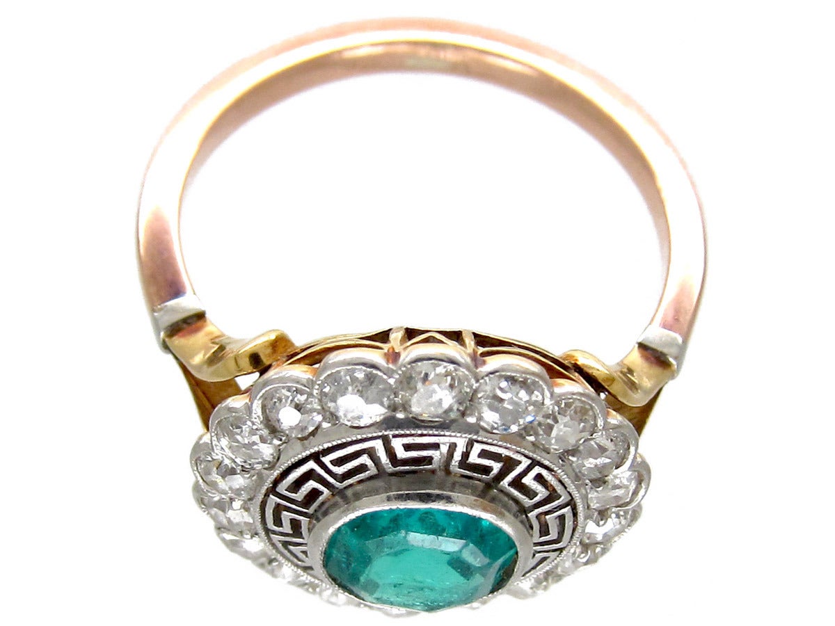 Art Deco Emerald Diamond Target Ring with Key Design Detail For Sale 2