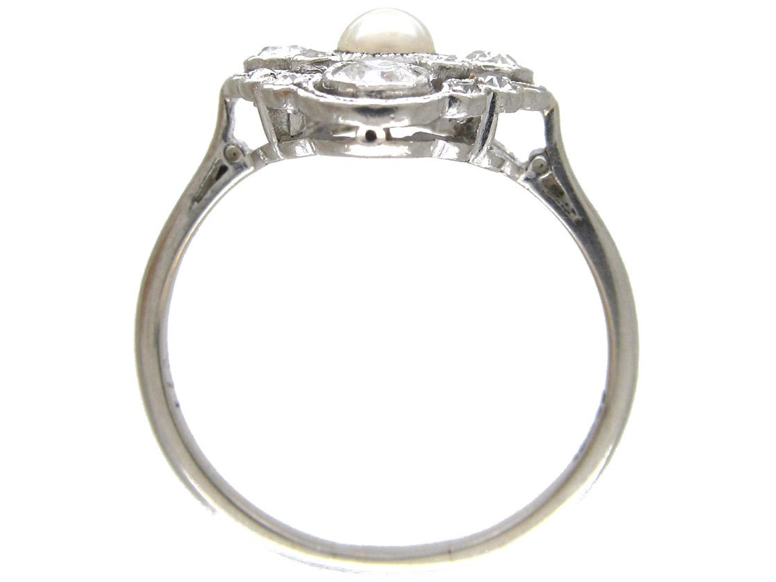 Edwardian Natural Pearl Diamond Platinum Cluster Ring 2