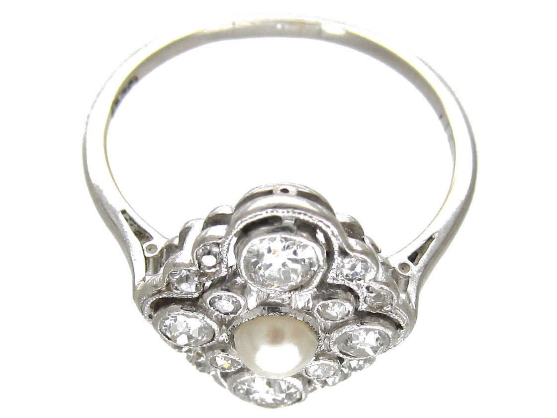 Edwardian Natural Pearl Diamond Platinum Cluster Ring 3