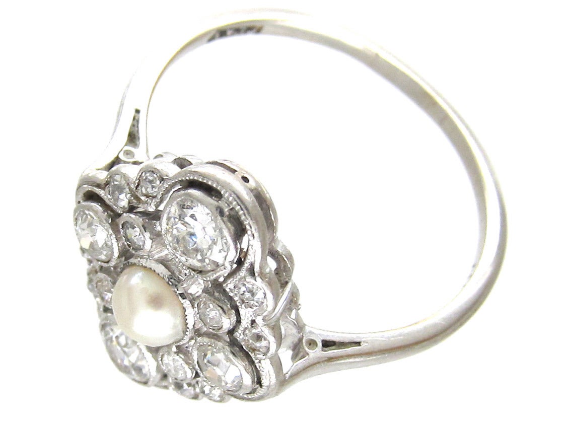 Edwardian Natural Pearl Diamond Platinum Cluster Ring 4