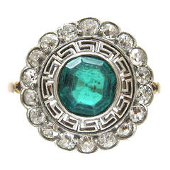 Art Deco Emerald Diamond Target Ring with Key Design Detail