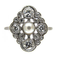 Edwardian Natural Pearl Diamond Platinum Cluster Ring