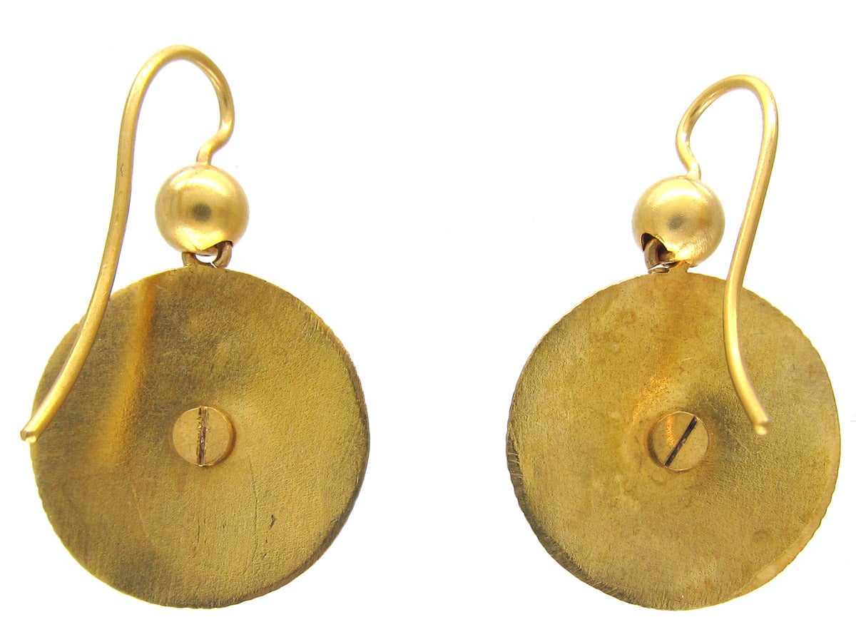 Victorian Diamond Gold Round Etruscan Style Earrings In Excellent Condition For Sale In London, GB