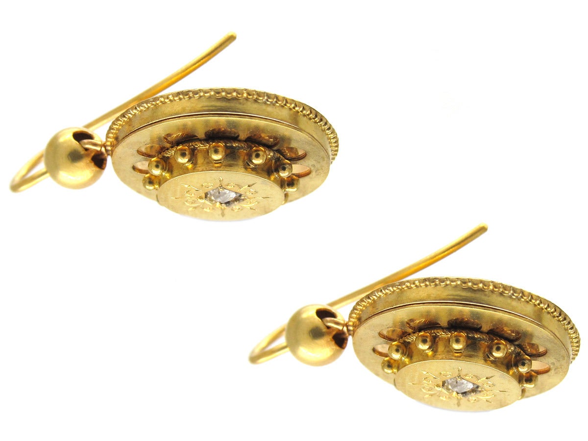 Women's Victorian Diamond Gold Round Etruscan Style Earrings For Sale