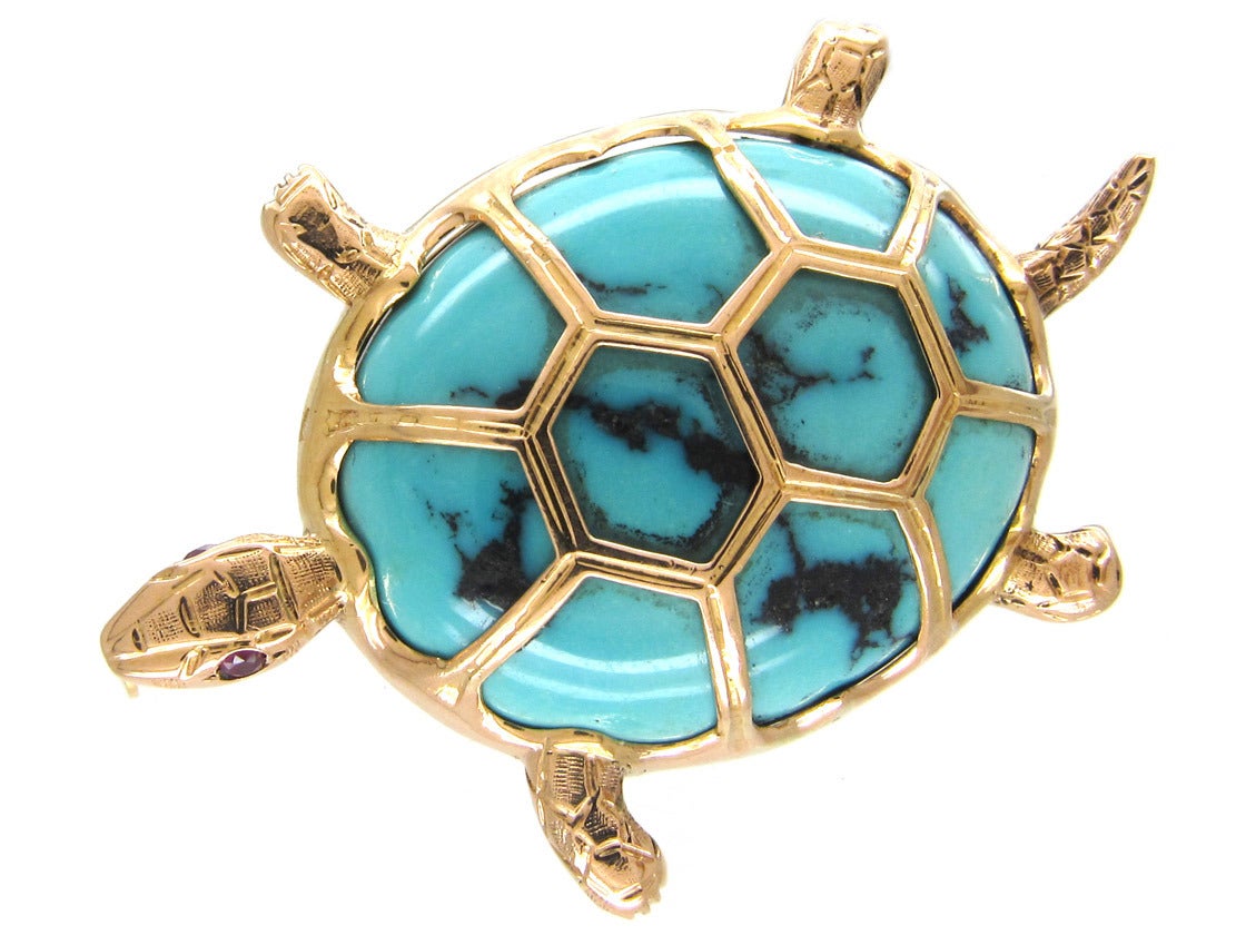 Women's Turquoise Gold Tortoise  Brooch For Sale