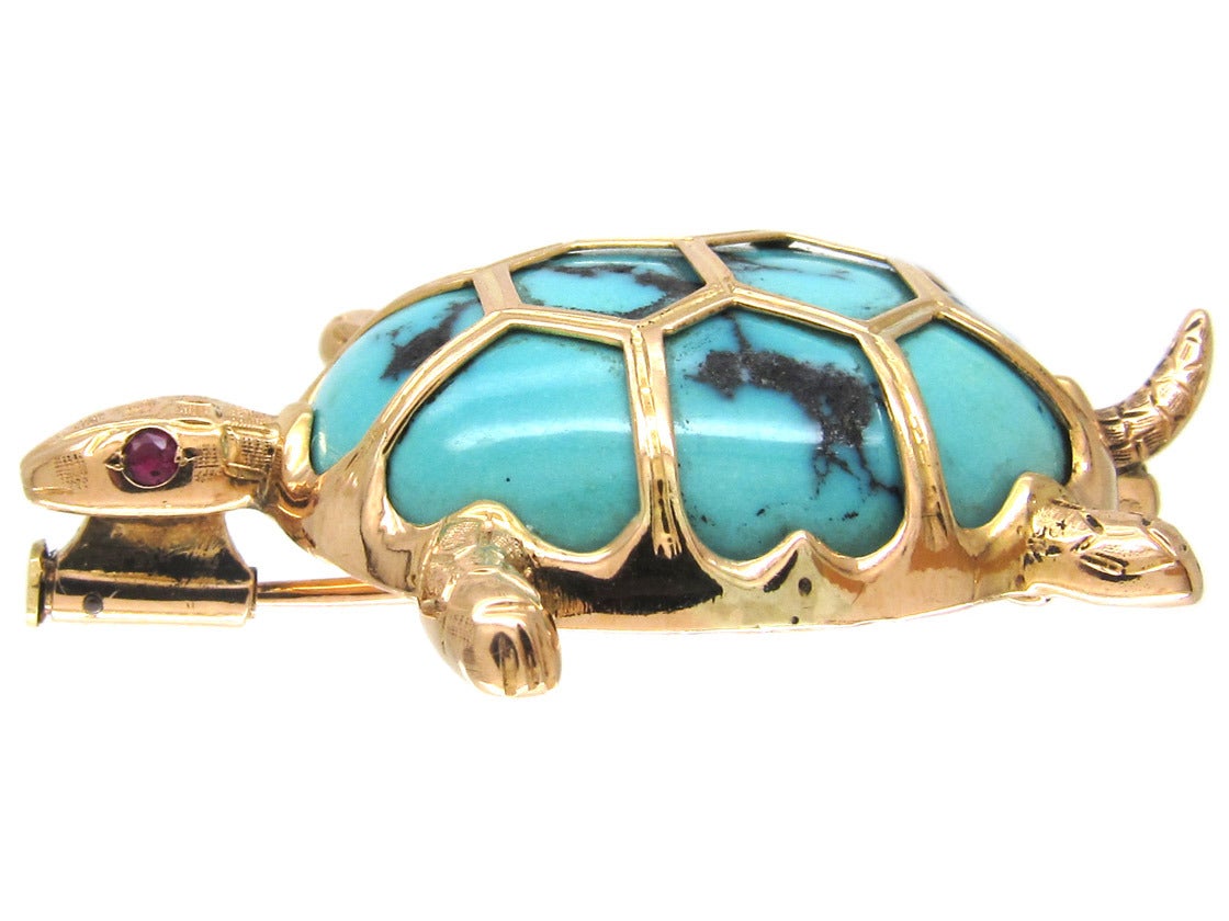Turquoise Gold Tortoise  Brooch For Sale 2