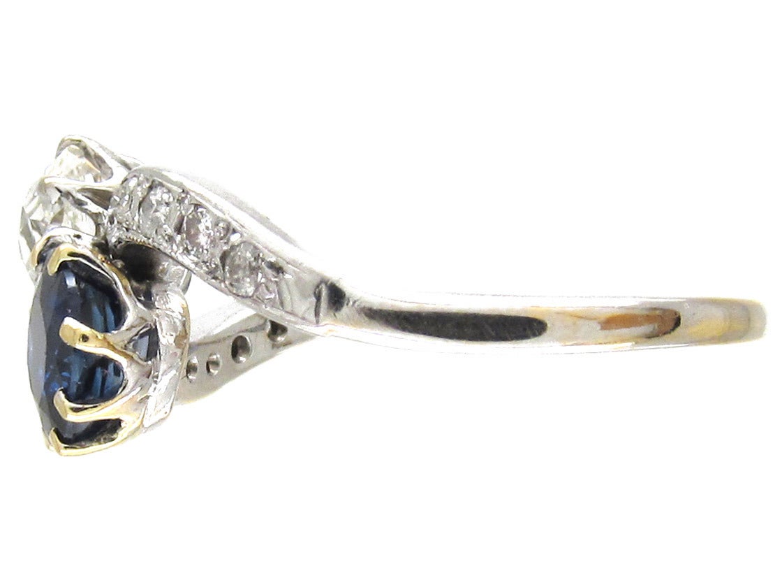 Women's Edwardian Sapphire Diamond Gold Platinum Crossover Ring For Sale