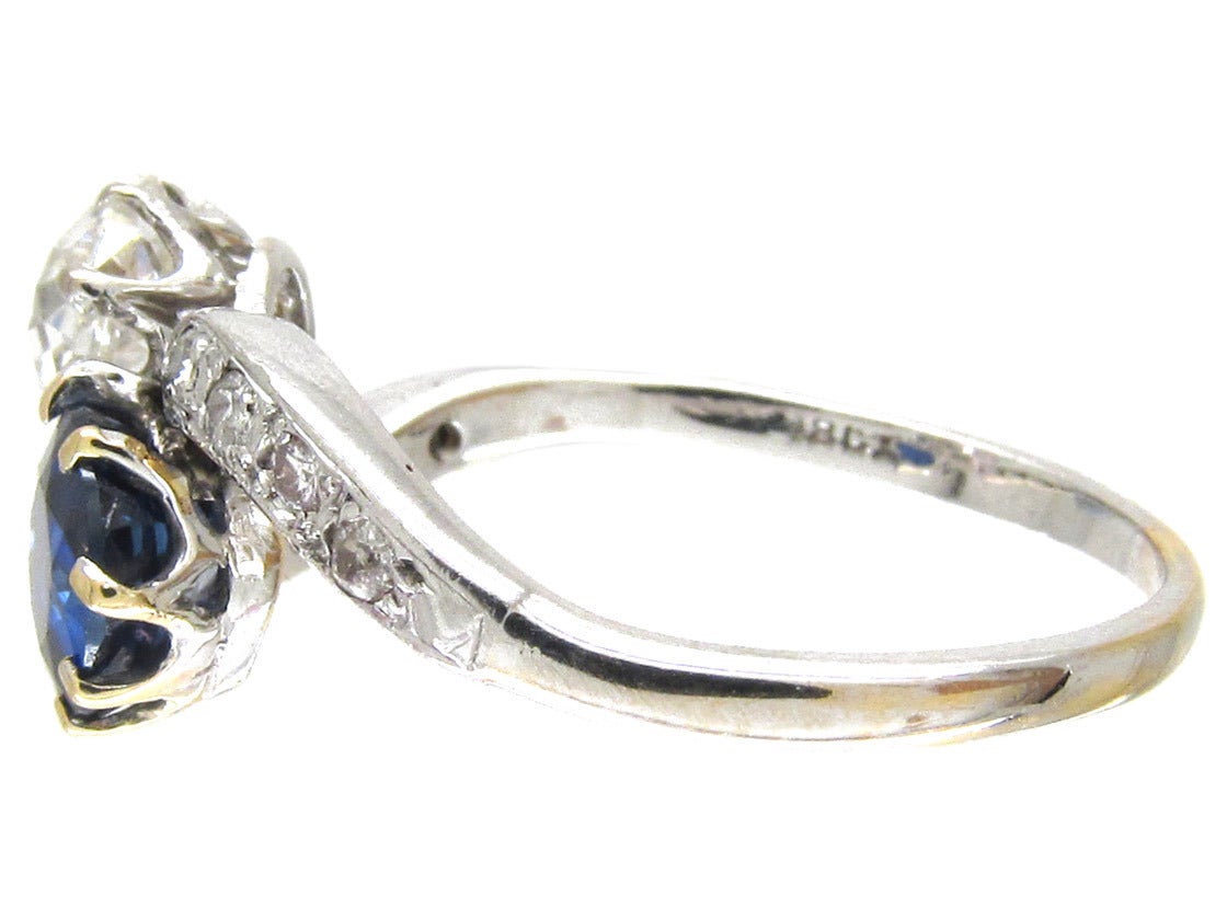 Edwardian Sapphire Diamond Gold Platinum Crossover Ring For Sale 1