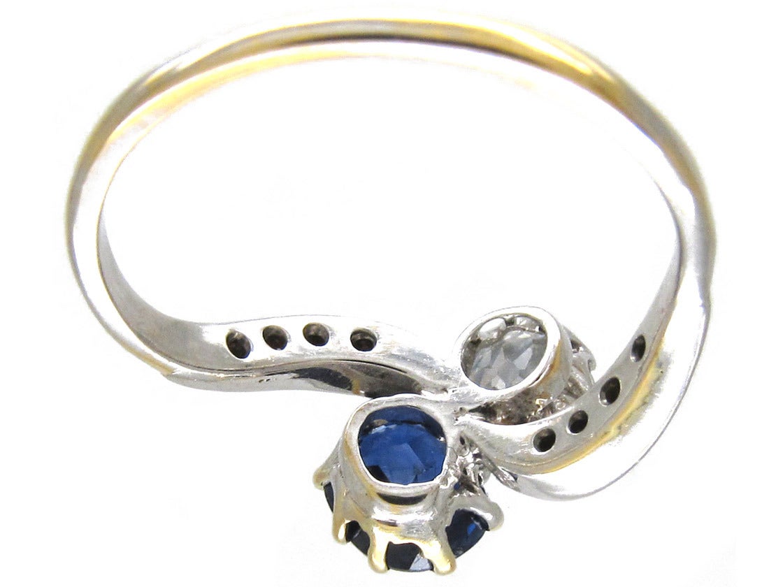 Edwardian Sapphire Diamond Gold Platinum Crossover Ring For Sale 2