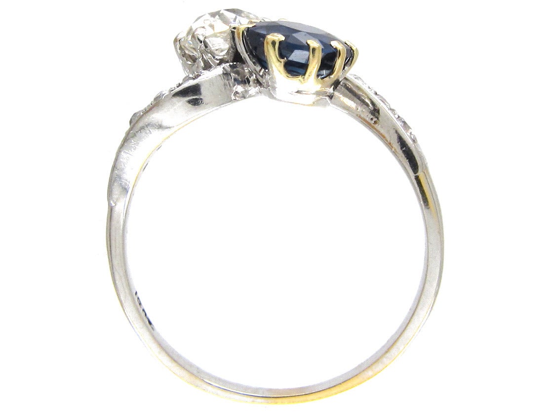 Edwardian Sapphire Diamond Gold Platinum Crossover Ring For Sale 3