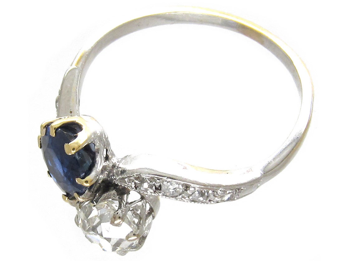 Edwardian Sapphire Diamond Gold Platinum Crossover Ring For Sale 4