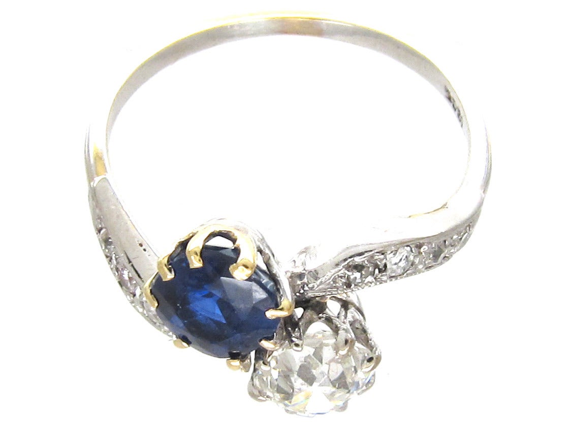 Edwardian Sapphire Diamond Gold Platinum Crossover Ring For Sale 5
