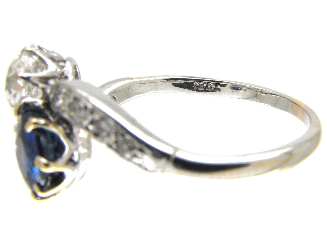 Edwardian Sapphire Diamond Gold Platinum Crossover Ring For Sale 6